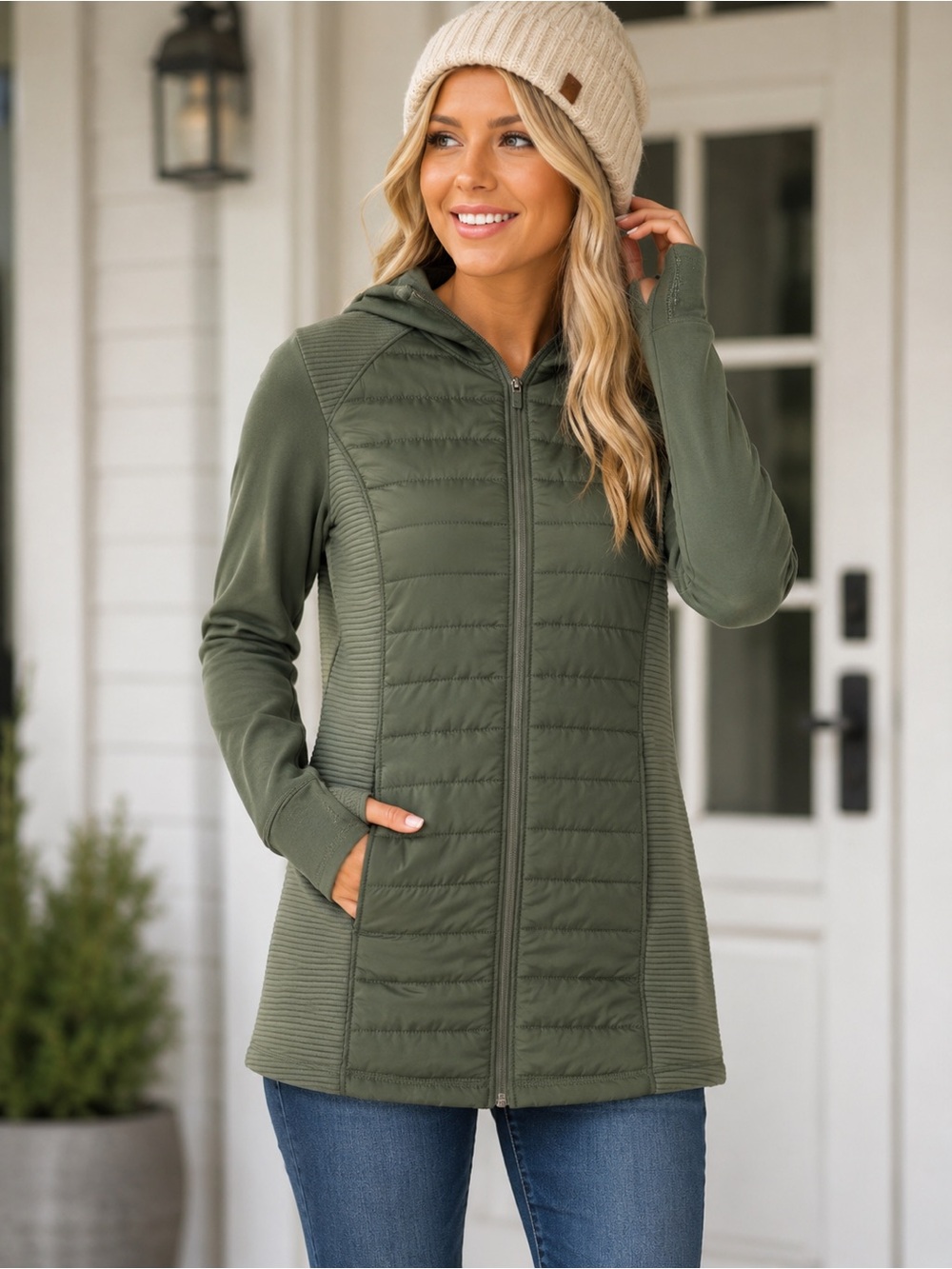 tek gear Olive Green Quilted Hooded Jacket